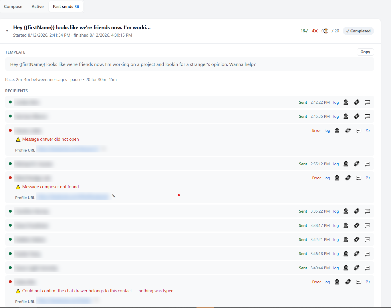 Past sends view listing recipients with sent timestamps and failure reasons for a completed campaign