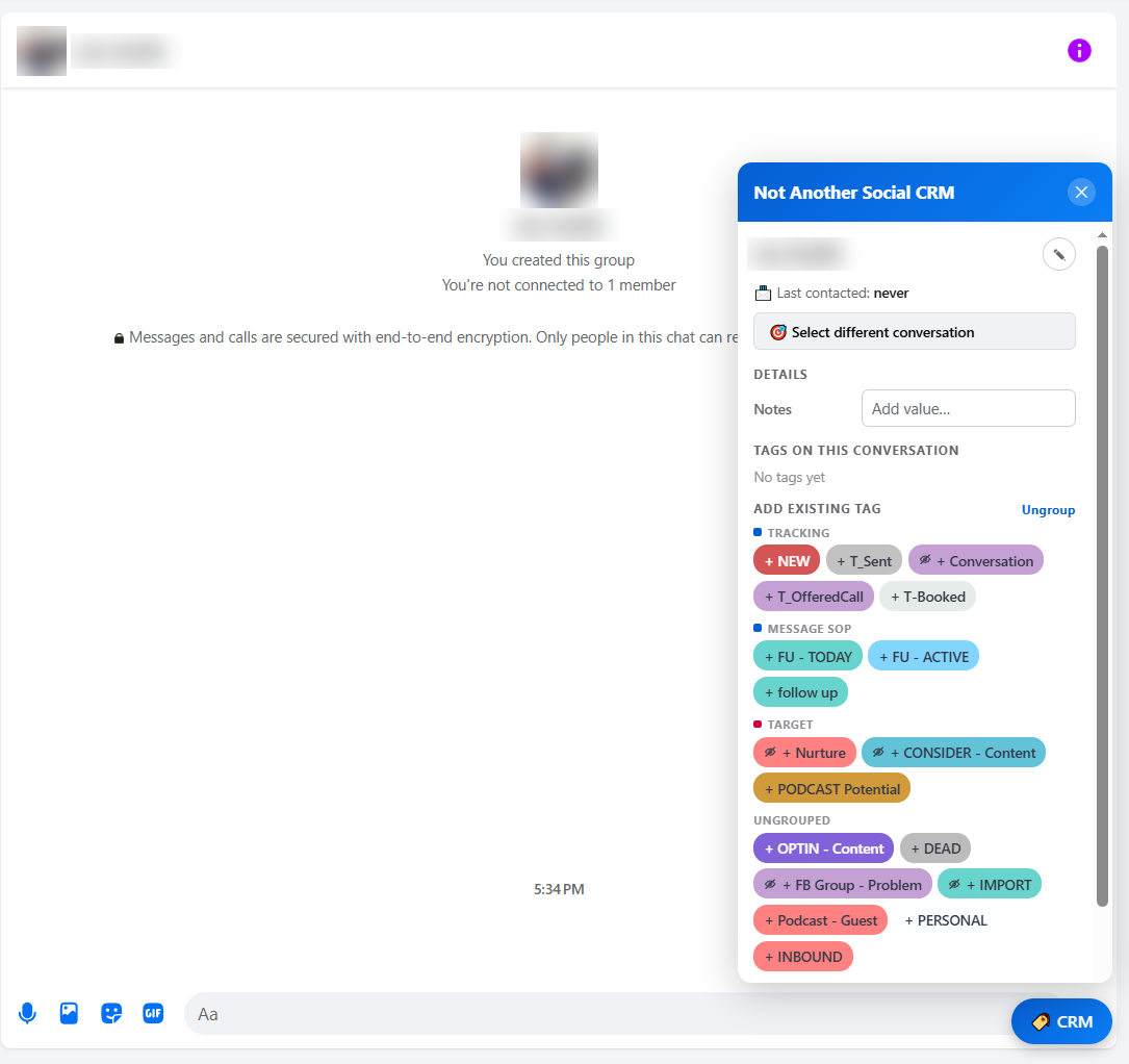 CRM panel docked beside a Messenger conversation, showing notes and tag groups for the contact