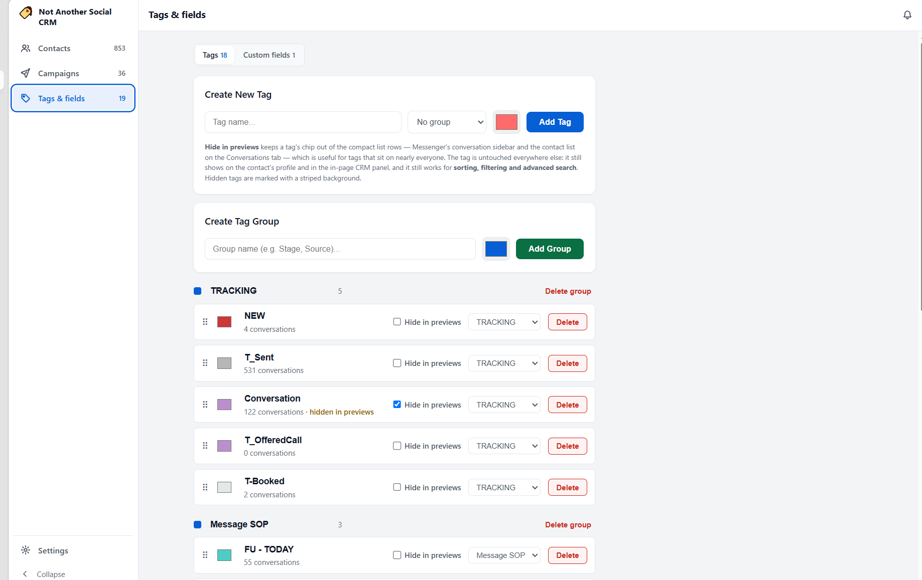 Tags and fields dashboard listing tags grouped under Tracking and Message SOP with conversation counts