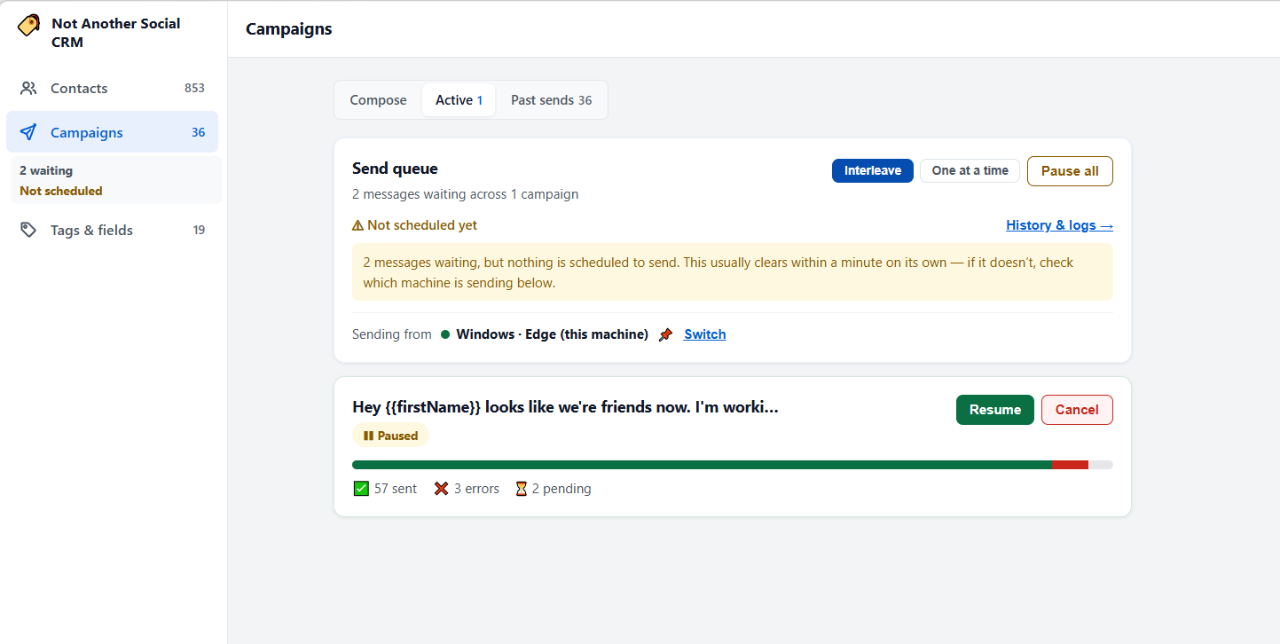 Campaigns dashboard showing the shared send queue, sending machine, and a paused campaign with sent, error, and pending counts